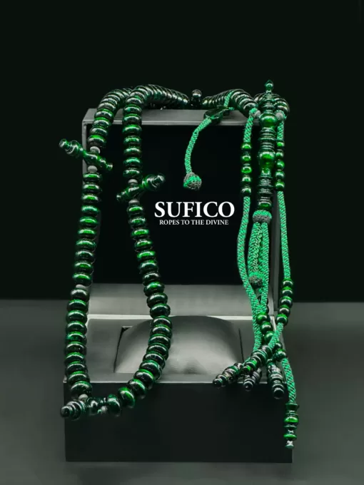 Large Premium Green Coral Yusr Tijani Tasbih With Nalayn Shareef - green yusr scaled - SufiCo