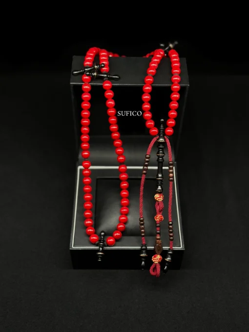 Limited Edition | Premium Red Coral Tasbih Marjan & Ebony Tijani Tasbih Prayer Beads With Prophetic Sandal Nalayn Shareef - 44cfa398 5e34 4432 b28d cd22e06e6902 - SufiCo